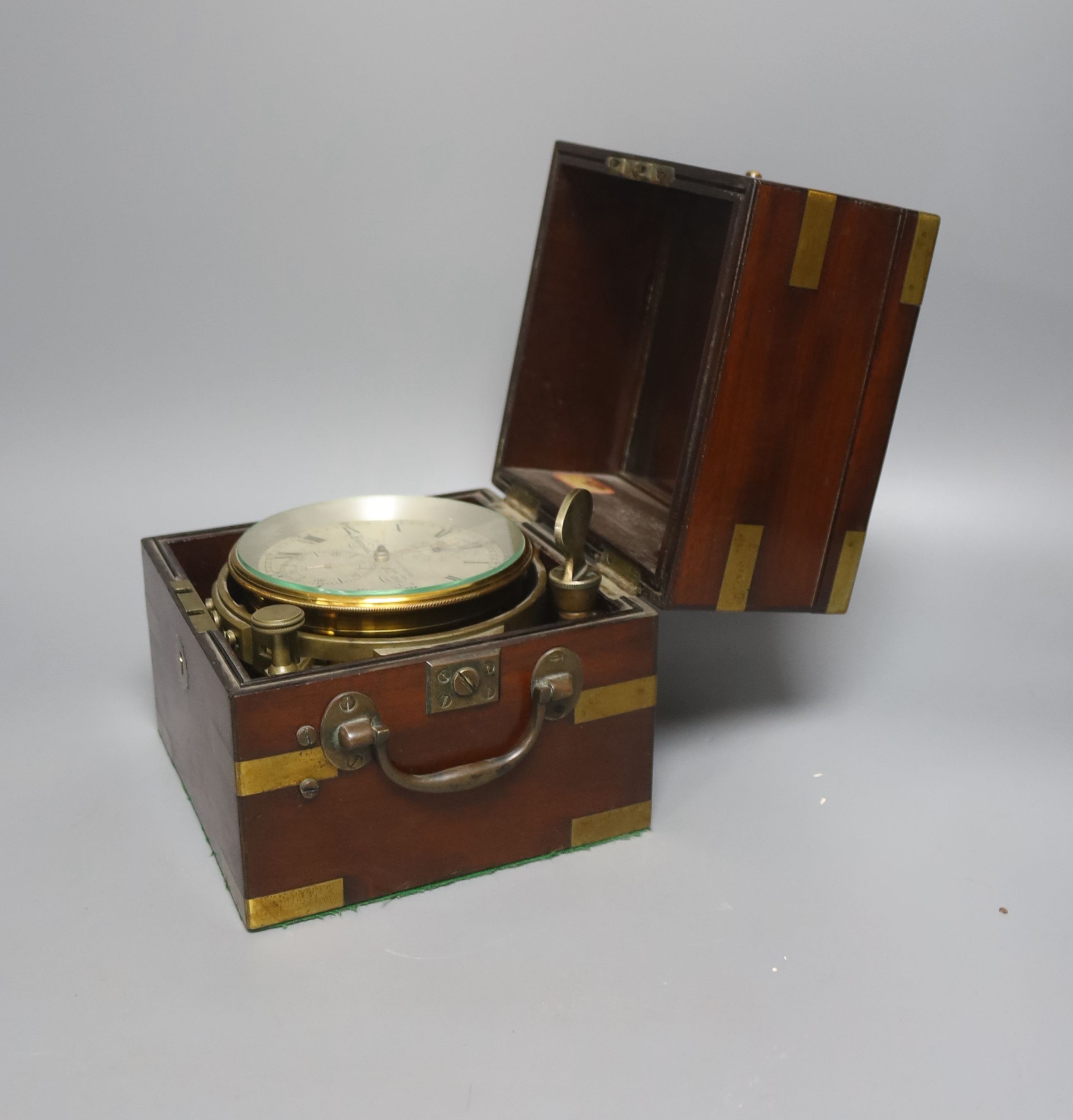 A Victorian mahogany and brass mounted marine chronometer, John Harrison, Liverpool No 180, 17.5cm